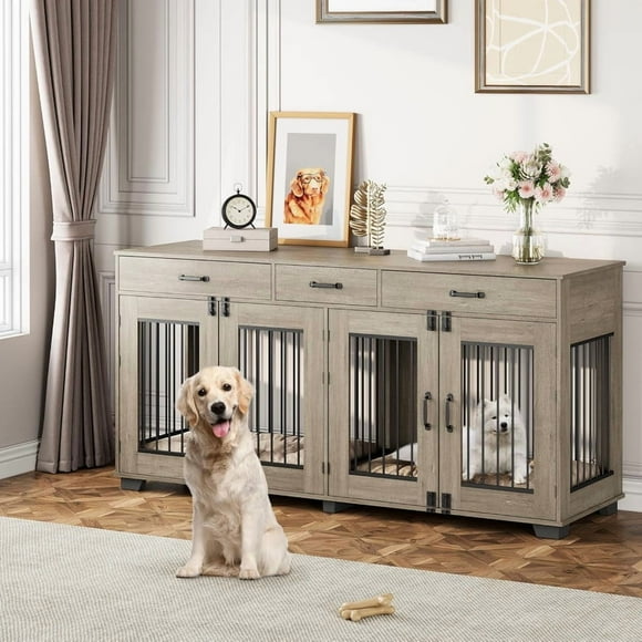 Towallmark 71" Dog Crate Furniture with Storage - Wood Dog Kennel Indoor, Extra Large Double Dog Cage with Drawers & Divider, Furniture Style Pet Crate for Living Room, Grey