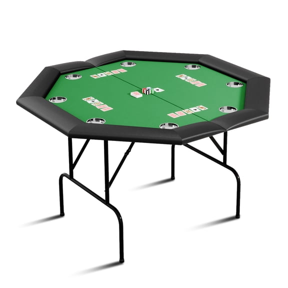 Towallmark 8 Players Game Poker Table Foldable, Casino Leisure Top Texas Hold'em Gaming Table w/Stainless Steel Cup Holder, Green
