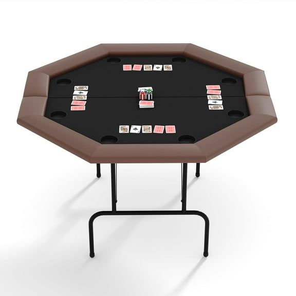 Towallmark 8 Players Game Poker Table Foldable, Casino Leisure Top Texas Hold'em Gaming Table with 8 Cup Holders, Brown