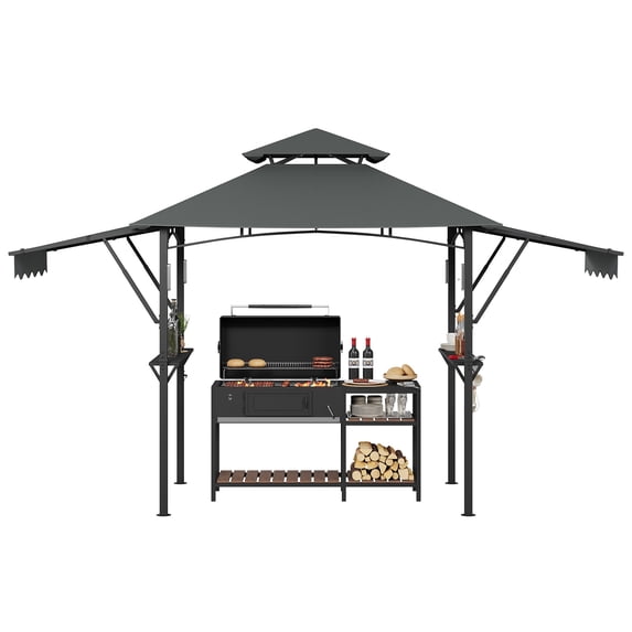 Towallmark 8' x 5' Grill Gazebo with Adjustable Side Awnings – Double-Tier Vented Roof, Heavy-Duty Steel Frame, Fire-Resistant, Includes 2 Side Shelves, LED Lights & Storage Hooks