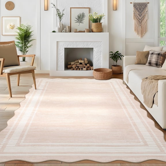 Towallmark 8x10 Washable Area Rug, Ultra Soft Low Pile Non-Slip Carpet, Modern Scalloped Print Floor Mat for Living Room Bedroom Home Decor, Natural Ivory