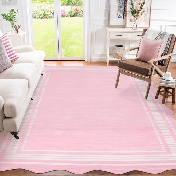 Towallmark 8x10 Washable Area Rug, Ultra Soft Low Pile Non-Slip Carpet, Modern Scalloped Print Floor Mat for Living Room Bedroom Home Decor, Pink