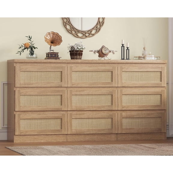 Towallmark 9 Drawer Dresser for Bedroom, Farmhouse Rattan Dressers & Chests of Drawers with Charging Station, Wooden Storage Organizer for Closet, Living Room, Entryway, Wood color
