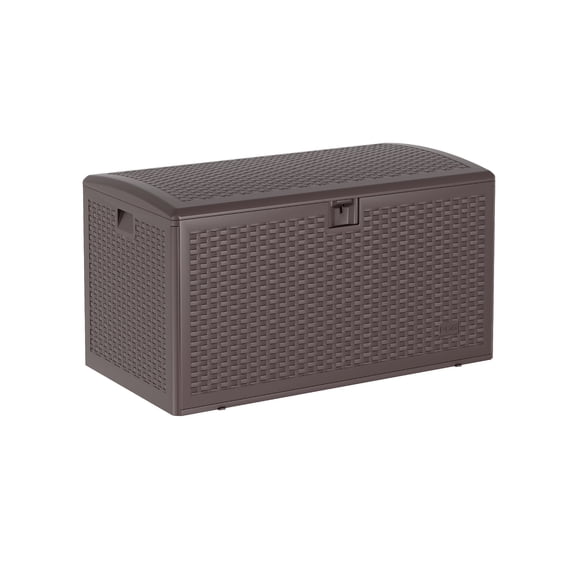 Towallmark 99-Gallon Waterproof Resin Deck Box, Wicker Outdoor Storage Bench with Hydraulic Lid & Lockable Design for Patio Cushions, Garden Tools & Pool Accessories, Brown