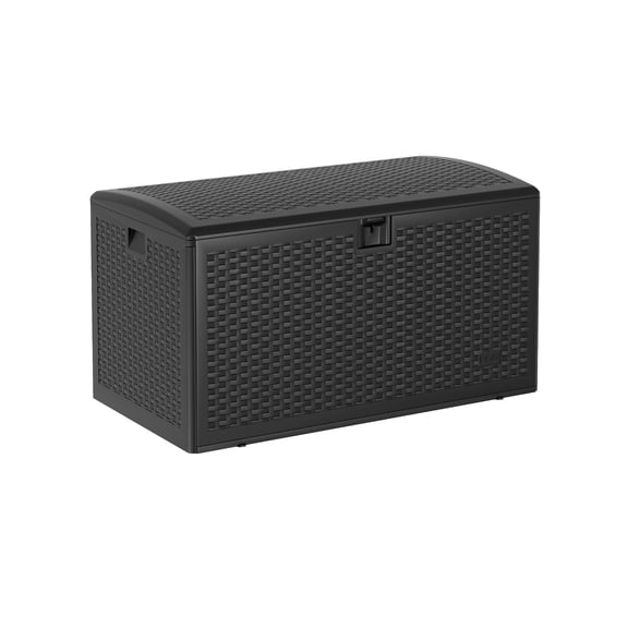 Towallmark 99-Gallon Waterproof Resin Deck Box, Wicker Outdoor Storage Bench with Hydraulic Lid & Lockable Design for Patio Cushions, Garden Tools & Pool Accessories, Black