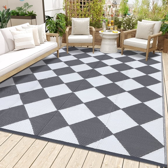 Towallmark 9x12ft Waterproof UV Resistant Reversible Plastic Outdoor Rug – Modern Geometric Patio Mat, Foldable Portable Easy Clean, for Deck, Camper, Balcony, Garden, Grey/White