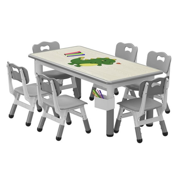 Towallmark Adjustable Kids Table and 6 Chairs Set with Storage, Multi Activity Toddler Table Set for Ages 2-10, Childrens Activity Table with Graffiti Top, Non Slip Legs, For Home Classroom