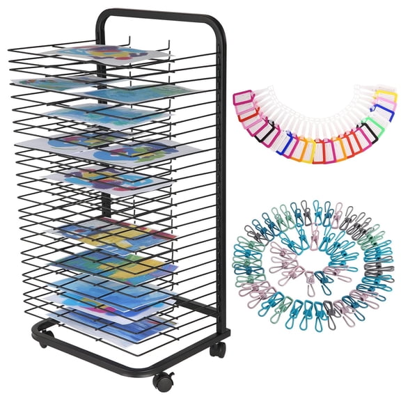 Towallmark Art Drying Rack with 25 Flexible Shelves, Mobile Paint Drying Rack with Four Wheels, Ideal for Schools and Art Studios, Height 41.5 inches, Shelves 12" x 17",Black