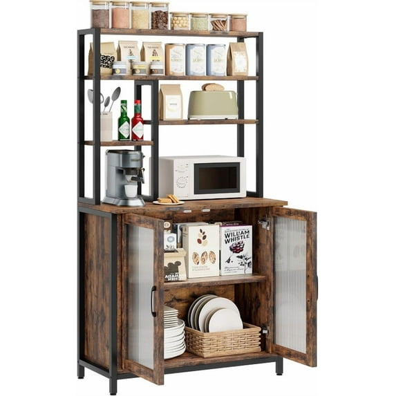Towallmark Bakers Rack, 5 Tier Microwave Stand With Cabinet, 63 Inch Tall Coffee Bar Station With Door And Hooks, Large Kitchen Storage Cabinet For Home Bar, Brown