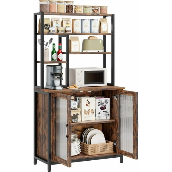 Towallmark Bakers Rack, 5 Tier Microwave Stand With Cabinet, 63 Inch Tall Coffee Bar Station With Door And Hooks, Large Kitchen Storage Cabinet For Home Bar, Brown
