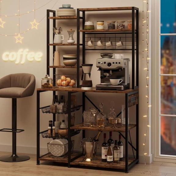 Towallmark Bakers Rack With Power Outlets, 7 Tier Industrial Microwave Stand With Wire Basket, Large Metal Coffee Bar Station With Storage Shelf, Rustic Brown Kitchen Organizer