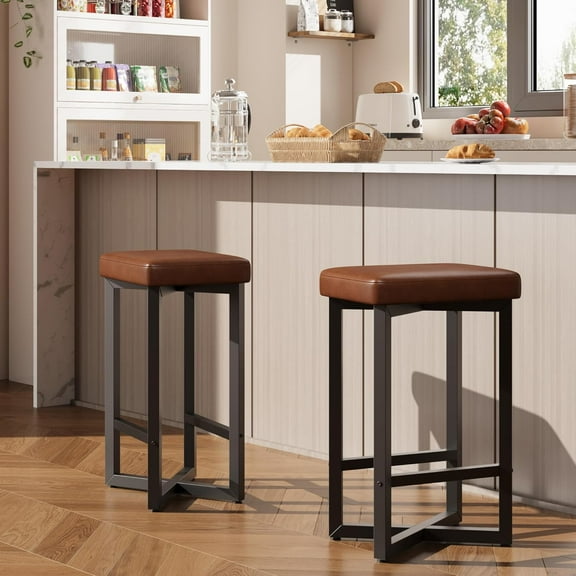 Towallmark Bar Stools Set of 2, 24.6" Counter Height Backless Barstools, Upholstered PU Leather Seats with Metal X-Frame & Footrest, Modern Kitchen Stools for Home Bar, Dining Room, Brown