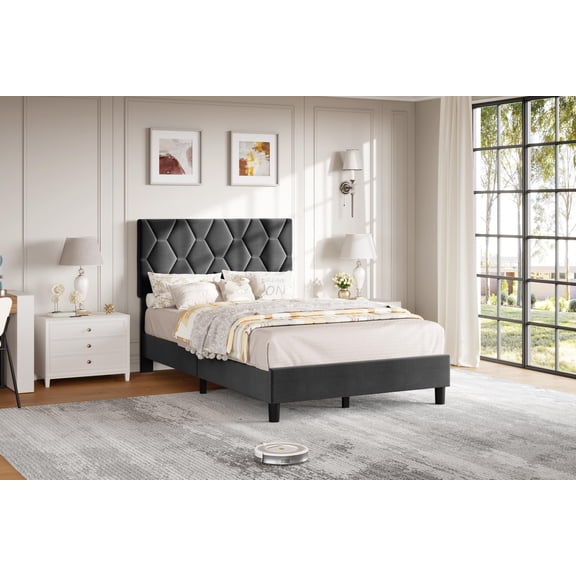 Towallmark Bed Frame with Upholstered Headboard, Heavy-Duty Platform Bed Frame with Adjustable Headboard, Strong Wood Slat Support/No Box Spring Needed/Noise Free