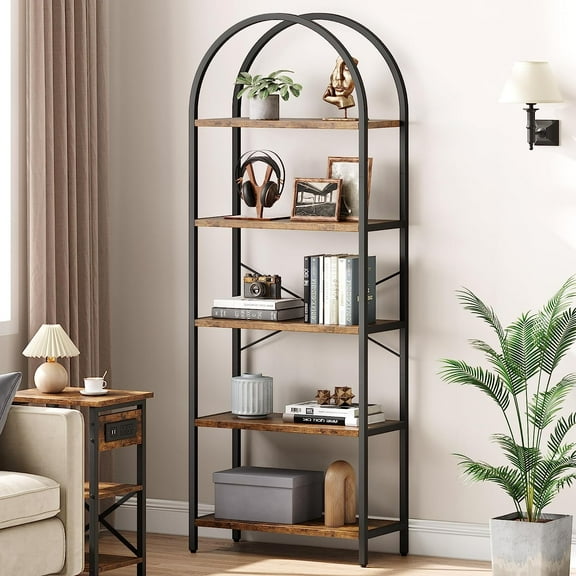 Towallmark Bookshelf 5 Tier Bookcase Arched Display Racks Tall Standing Bookshelves Metal Frame Modern Storage Rack Shelf Large Wood Book Shelf for Bedroom, Living Room, Home Office