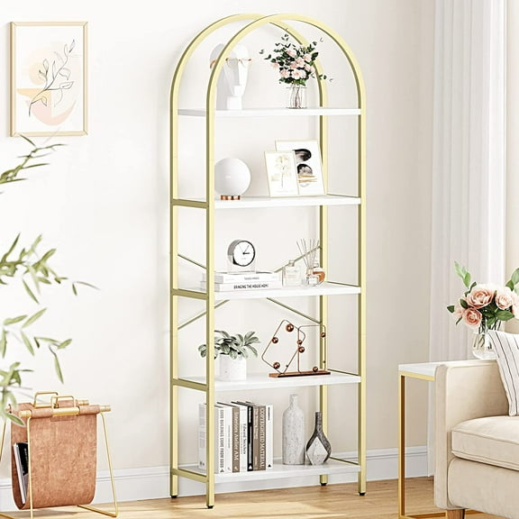 Towallmark Bookshelf 5 Tier Bookcase Arched Display Racks Tall Standing Bookshelves Metal Frame Modern Storage Rack Shelf Large Wood Book Shelf for Bedroom, Living Room, Home Office
