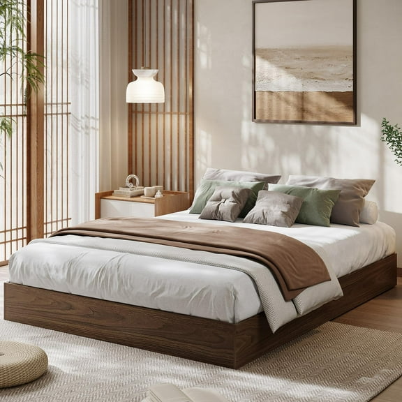 Towallmark California King Bed Frame, Wood Platform Bed Frame, Wooden Bed Frame Without Headboard for Bedroom, Wood Slat Support, No Box Spring Required, Walnut