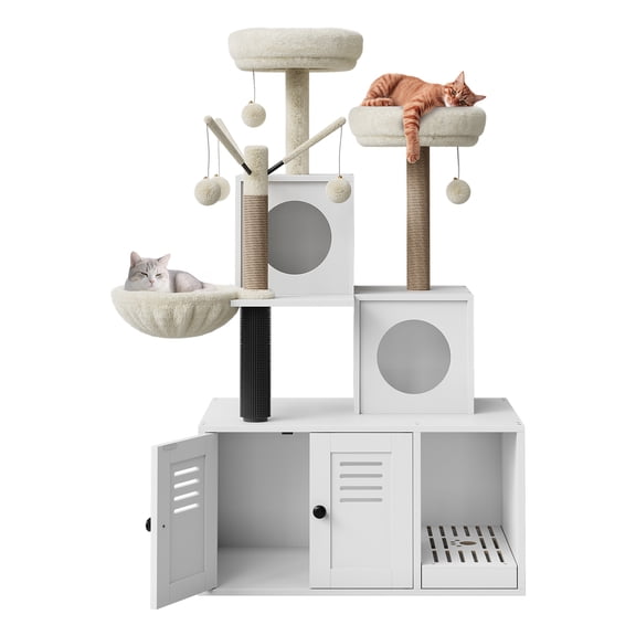 Towallmark Cat Tree Tower with Hidden Litter Box Enclosure, Multi-Level Wooden Cat Furniture with Sisal Scratching Posts, Soft Condo, Perch & Catnip Toy, White