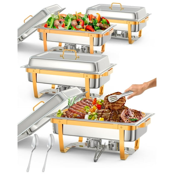 Towallmark Chafing Dish for Buffet Set, 4 Packs 8 Qt Chafers and Buffet Warmers Sets With Folding Frame, Spoon & Tweezer for Weddings Parties Banquets Catering Events, Gold
