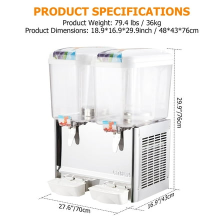 Towallmark Commercial Beverage Dispenser, 2 Tanks, 36L (9.5 Gallon), Thermostat Controlled Stainless Steel