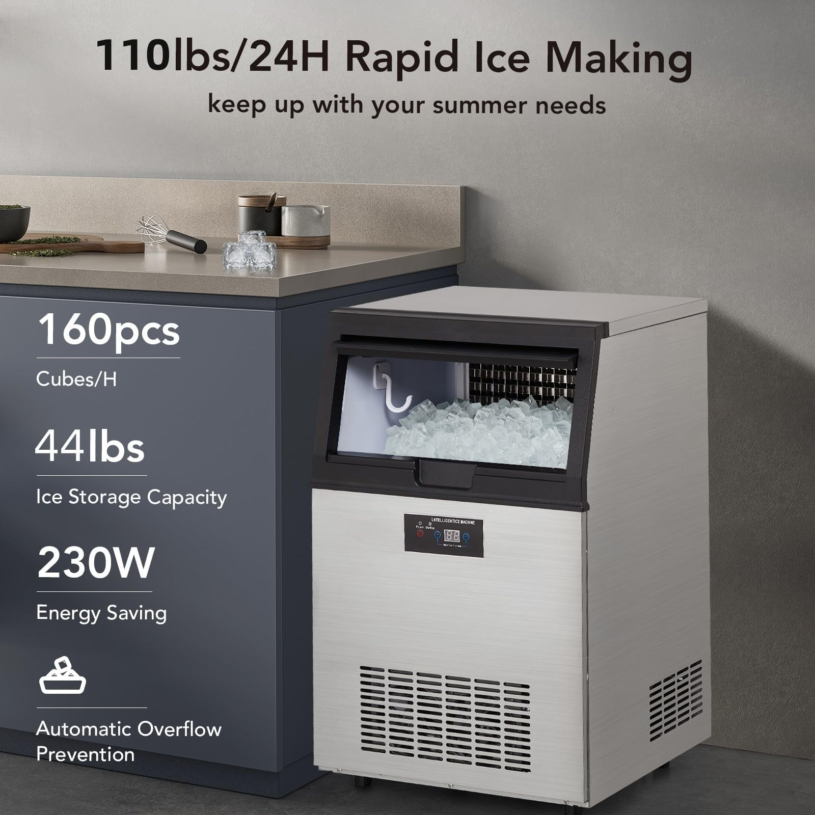 Towallmark Commercial Under-Counter Ice Machine, 110 lbs Daily Output, 33 lbs Storage Capacity