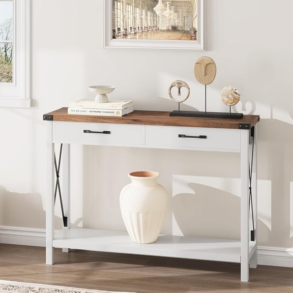 Towallmark Console Table with 2 Drawers, Farmhouse Sofa Table with Storage Shelf, Accent Wood Entryway Table for Living Room, Hallway, Foyer-Black (White)