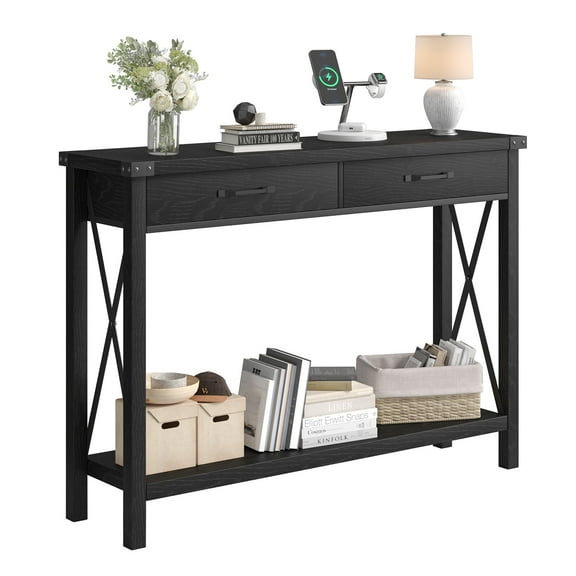Towallmark Console Table with 2 Drawers, Farmhouse Sofa Table with Storage Shelf, Accent Wood Entryway Table for Living Room, Hallway, Foyer-Black