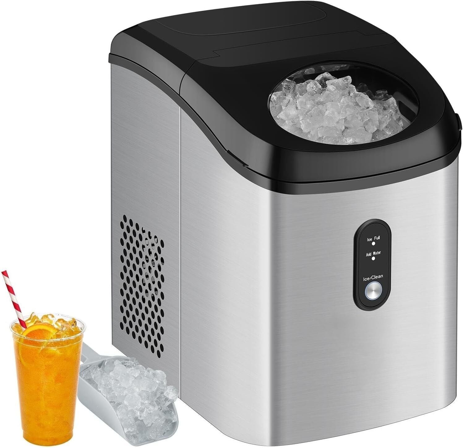 Auseo Nugget Ice Maker Countertop with Soft Chewable Pellet Ice, 34lbs/24H, Self-Cleaning, Sonic Ice Machine for Home/Office/Party-Gray