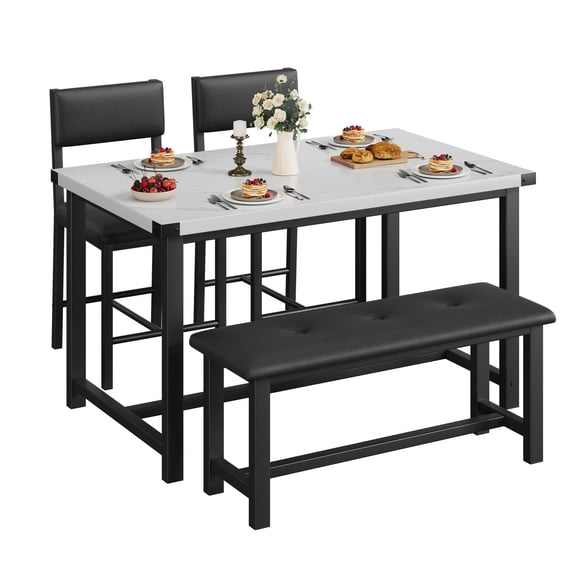 Towallmark Dining Table Set for 4, Kitchen Table with Upholstered Bench and 2 Chairs, Kitchen Table and Chairs Set for Small Space, Apartment, Home, Easy Assembly, Marble White