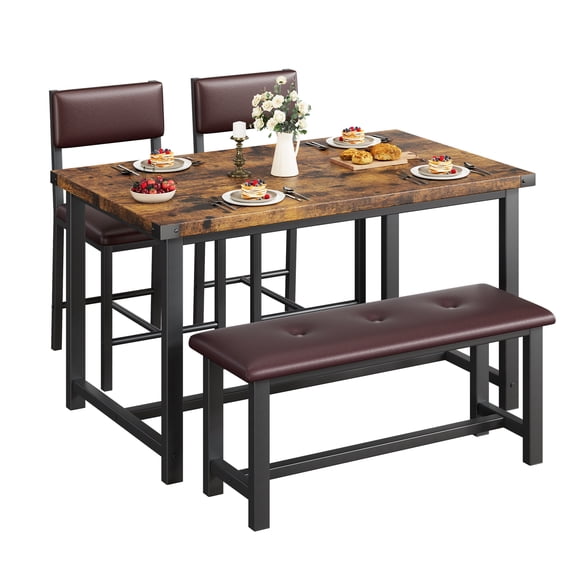 Towallmark Dining Table Set for 4, Kitchen Table with Upholstered Bench and 2 Chairs, Kitchen Table and Chairs Set for Small Space, Apartment, Home, Easy Assembly, Retro Brown