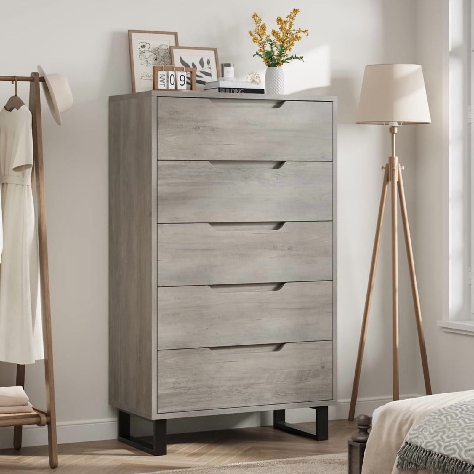 Towallmark Dresser, 5 Drawer 51 Inch Tall Freestanding Vertical Dresser, Wooden Storage Cabinet For Bedroom Living Room Entryway, Ash Grey