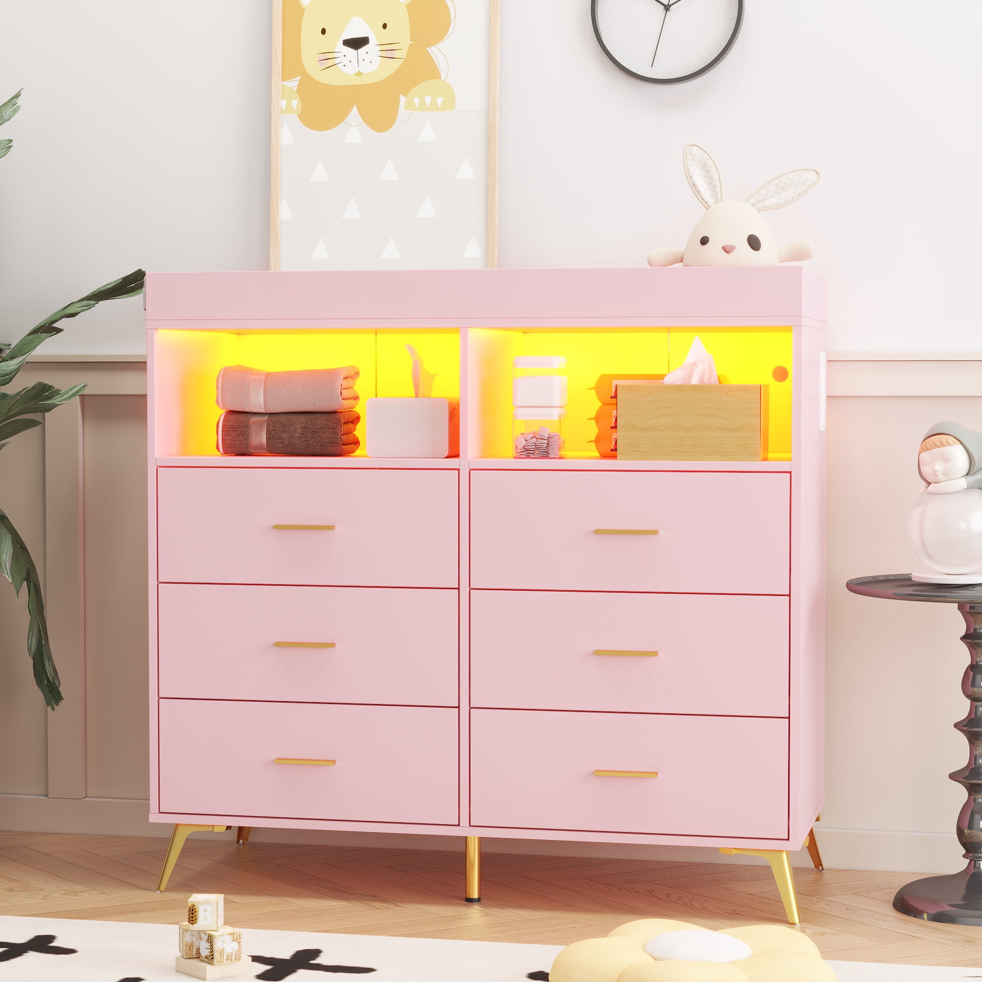 Towallmark Dressers for Bedroom with 6 Drawers,Changing Table Dresser with Changing Pad,LED Lights & Charging Station,Pink