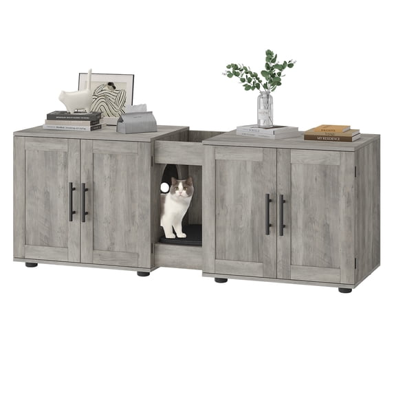 Towallmark Elegant Double-Room Cat Litter Cabinet 55”L x 17.7”W x 22.5”H, Stylish Litter Box Enclosure for Two Cats with Storage and Cat Mat