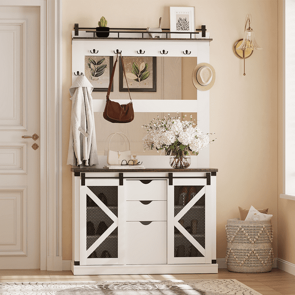 Towallmark Entryway Hall Tree with Bench and Storage,2 Mirrors Hall Tree with 5 Coat Racks,3 Shelves Adjustable Shoe Bench,for Hallway, Entryway, Bedroom,White and Oak