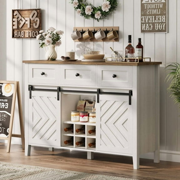 Towallmark Farmhouse Buffet Cabinet with Sliding Barn Door, Rustic Sideboard with 3 Drawer, Removable Wine Rack, Farmhouse Sideboard with Adjustable Shelf for for Dining Room, Kitchen, White