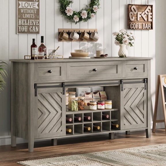 Towallmark Farmhouse Buffet Cabinet with Sliding Barn Door, Rustic Sideboard with 3 Drawer, Removable Wine Rack, Farmhouse Sideboard with Adjustable Shelf for for Dining Room, Kitchen,Gray