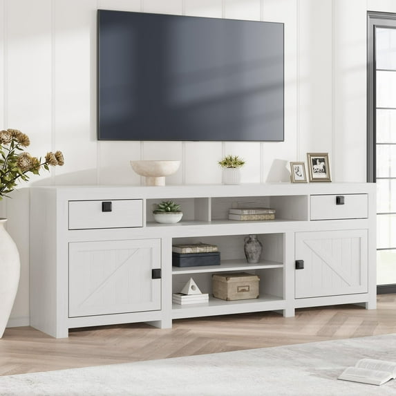 Towallmark Farmhouse TV Stand for 75/80 Inch TVs, 70" Long Entertainment Center with 4 Storage Drawers & 3 Open Shelf, Whtie Television Consoles Stands for Living Room, Bedroom