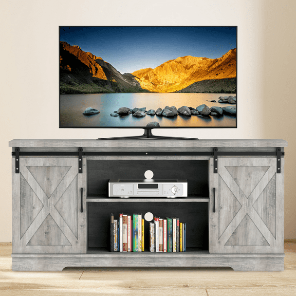 Towallmark Farmhouse TV Stand for 65 inch TV, Entertainment Center for Living Room, TV Media Console Cabinet, Gray