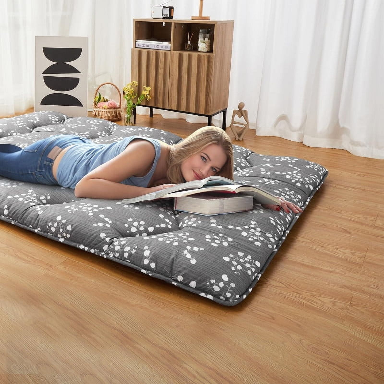 Towallmark Floral Pattern Japanese Futon Mattress for Adults, Twin Size Futon Mattress for Guest Room Kids Room, Sleeping Mattress for Floor Roll Up Camping Mattress