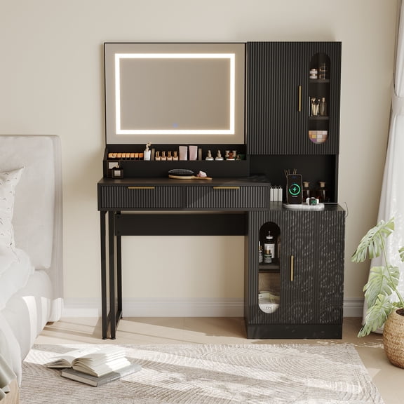 Towallmark Fluted Vanity Desk with Mirror & Lights,45" Wide Makeup Dressing Table with Large Cabinets, Drawers, 3 Color Lighting Modes & Charging Station, Black