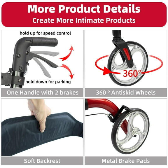 Towallmark Folding Rollator Walker for Seniors – Medical Walker with Seat, Four 10-Inch Wheels, Comfort Handles, Thick Backrest, Lightweight Aluminum Frame with Basket, Red