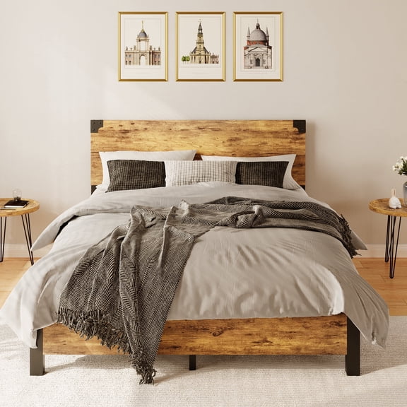Full Bed Frame with Headboard, Full Platform Bed Frame with Under Bed Storage and Metal Legs, Full Size Bed Frame for Noise Free, No Box Spring Needed, Easy Assembly-Rustic Brown