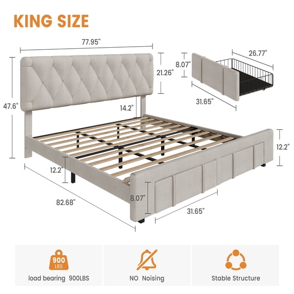 Towallmark King Size Bed Frame,with 2 Storage Drawers, Upholstered Platform Bed Frame No Box Spring Needed, Noise-Free, Easy Assembly