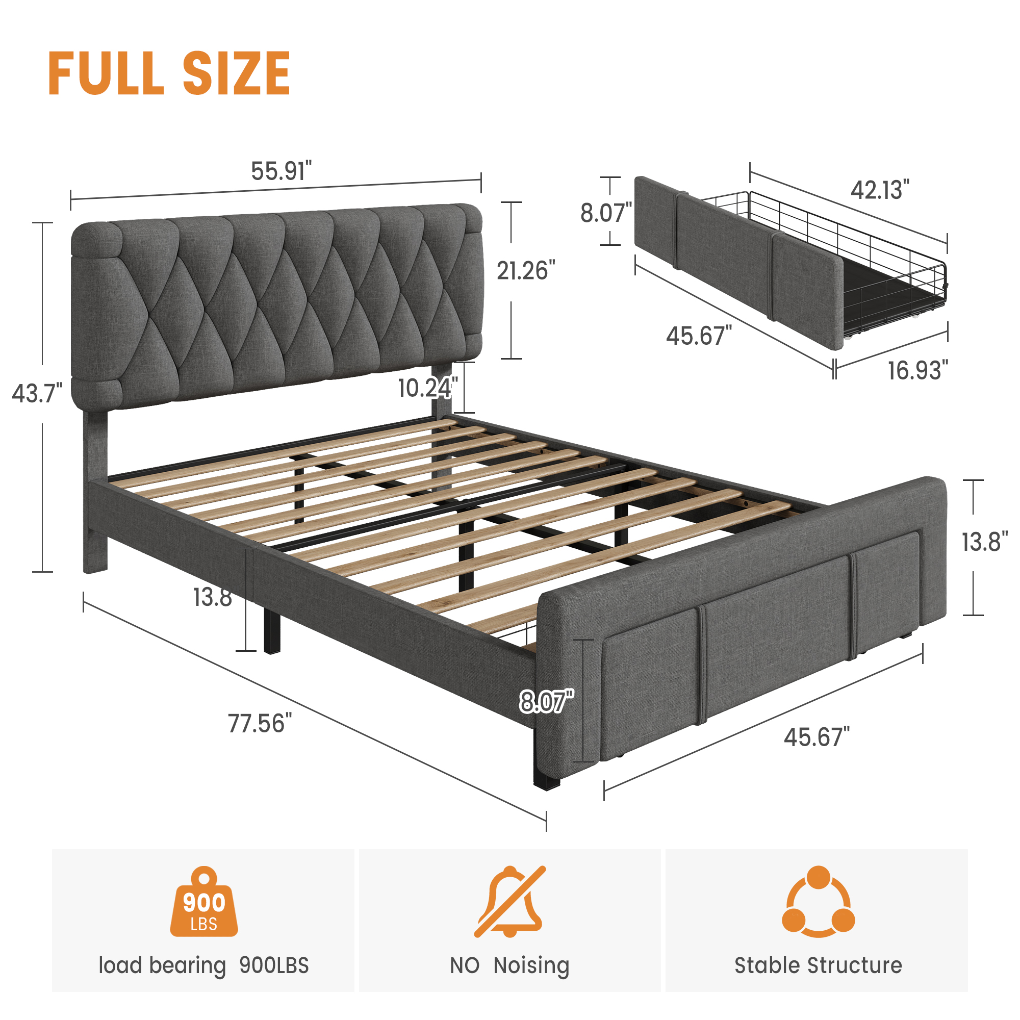 Towallmark Full/King/Queen Size Bed Frame,with 2 Storage Drawers, Upholstered Platform Bed Frame No Box Spring Needed, Noise-Free, Easy Assembly