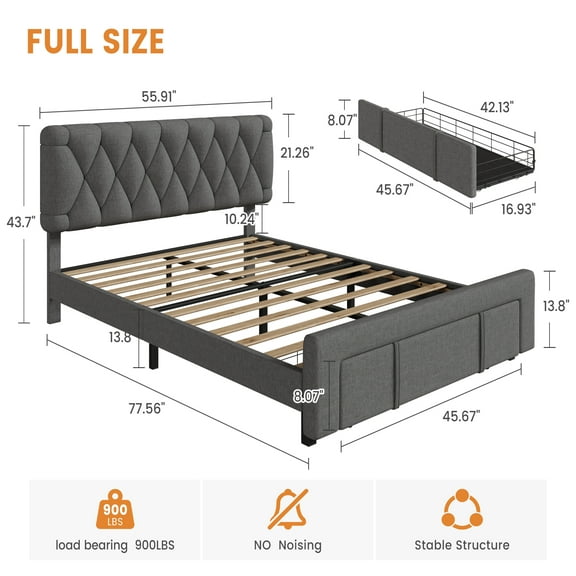 Towallmark Full/King/Queen Size Bed Frame,with 2 Storage Drawers, Upholstered Platform Bed Frame No Box Spring Needed, Noise-Free, Easy Assembly