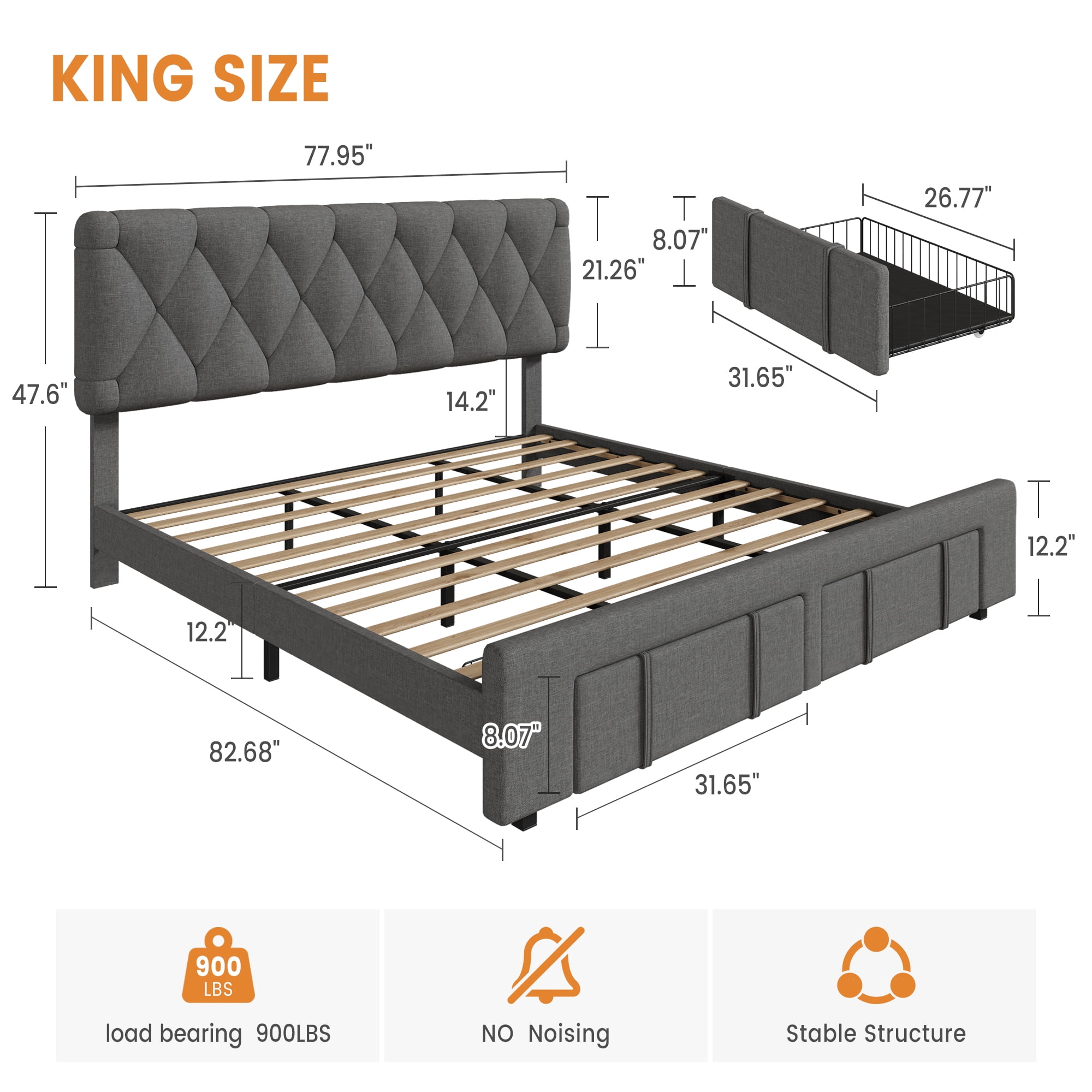 Towallmark Full/King/Queen Size Bed Frame,with 2 Storage Drawers, Upholstered Platform Bed Frame No Box Spring Needed, Noise-Free, Easy Assembly