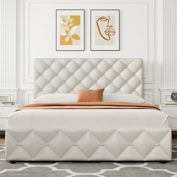 Towallmark Full Size Bed Frame, with 4 Storage Drawers & Adjustable Headboard and Storage, Linen Upholstered Platform Beds, Noise-Free & No Box Spring Needed, White