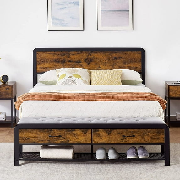 Towallmark Full Size Platform Bed Frame with Upholstered Ottoman 2 Storage Drawers and Headboard, Safe Rounded Corners & Strong Metal Slats Support, Mattress Foundation, No Box Spring Needed, Brown