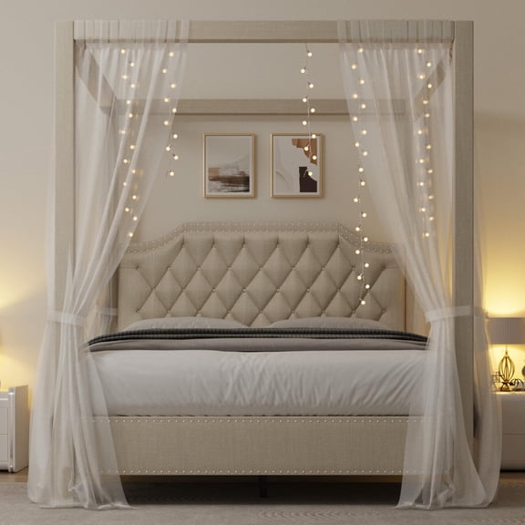 Towallmark Upholstered Canopy Bed Frame Full Size with headboard, Button Tufted, Nailhead Trim Design, No Box Spring Required, Beige