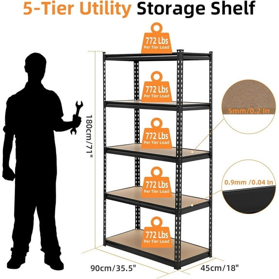 Towallmark Garage Shelving Unit  5-Tier Adjustable Metal Utility Shelves, Heavy-Duty 72-Inch Garage Storage with 3860 lbs Load Capacity, Industrial Black Steel Shelving
