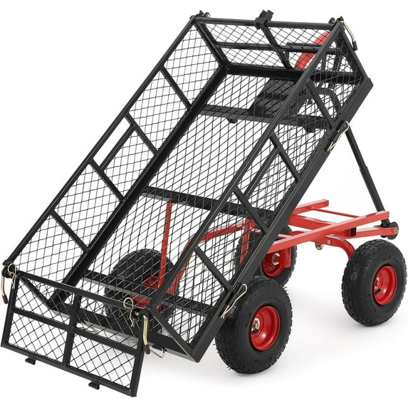 Towallmark Heavy Duty 880 Lbs Steel Dump Utility Garden Cart, Steel Garden Wagon with Removable Mesh Sides and 10 inch Wheels, Dump Garden Carts with 180° Rotating Handle for Outdoor, Gardening, Farm
